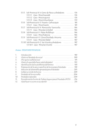 5.5.5 Sub Provincia IV-4 Cerro de Pasco y alrededores
5.5.5.1 Caso: Mina Huanzalá
5.5.5.2 Caso: Mina Iscaycruz
5.5.5.3 Caso: Mina Uchucchacua
5.5.6 Sub Provincia IV-5 Huarón Carhuacayan
5.5.6.1 Caso: Mina Huarón
5.5.7 Sub Provincia IV-6 Morococha Yauricocha
5.5.7.1 Caso: Mina San Cristobal
5.5.8 Sub Provincia V-1 Pataz-Buldibuyo
5.5.8.1 Caso: Mina Poderosa
5.5.9 Sub Provincia V-5 Zona Chimbada Aricoma
5.5.9.1 Caso: Mina San Rafael
5.5.10 Sub Provincia VI-2 San Vicente y alrededores
5.5.10.1 Caso: Mina San Vicente
176
176
176
179
181
181
184
184
184
184
187
187
187
187
Anexo: DESATADO DE ROCAS
1. Introducción
2. ¿Qué es el desatado de rocas?
3. ¿Por qué se suelta la roca?
4. ¿Qué es lo que debe hacer cada trabajador?
5. Identificación de los problemas del terreno
6. Preparación de la cara o superficie de la roca para el desatado
7. Selección de la barretilla apropiada para el desatado
8. Golpeo y sonido de la roca
9. Desatado de la roca suelta
10. Desatados especiales
11. Procedimiento Escrito de Trabajo Seguro para el Desatado (PETS)
12. ¿Qué hacer si ocurre un accidente?
Anexo: DESATADO DE ROCAS
189
190
191
192
193
199
201
203
204
209
214
215
V
 