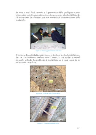 Figura 3.6 Escala de mina o visión Macro.
Figura 3.7 Escala local o visión Micro.
Figura 3.5 Diseño y planeamiento de la mina.
de mina y escala local, respecto a la presencia de fallas geológicas u otras
estructuras principales, que pudieran tener efectos adversos sobre la estabilidad de
las excavaciones, de tal manera que sean minimizadas las interrupciones de la
producción.
El concepto de estabilidad a escala mina, en el diseño de la estructura de la mina,
dará un conocimiento a nivel macro de la misma, lo cual ayudará a todo el
personal a entender los problemas de inestabilidad de la masa rocosa de las
excavaciones a escala local.
Subniveles
Puntal de
seguridad
ESCALA DE MINA
ESCALA LOCAL
Falla
Cuerpo
mineral
77
 