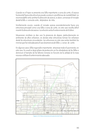 Figura 3.18 Pilares de protección para la Gran Falla.
Cuando en el tajeo se presenta una falla importante o zona de corte, el avance
horizontal hacia esta estructura puede conducir a problemas de inestabilidad. Lo
recomendable sería cambiar la dirección de avance, es decir, comenzar el minado
desde la falla o zona de corte, alejándose de ésta.
Similarmente ocurre, cuando el minado avanza ascendentemente hacia una
estructura principal como una falla o zona de corte, en este caso resulta difícil
invertir la dirección de avance. La solución sería el sostenimiento de la labor.
Situaciones similares se dan con la presencia de diques, particularmente en
ambientes de altos esfuerzos, en donde estas estructuras toman los esfuerzos
desde las estructuras circundantes. Las soluciones en este caso serían también las
mismas que las indicadas para el caso de presencia de fallas y zonas de corte.
En algunos casos, fallas regionales importantes atraviesan todo el yacimiento, en
este caso, lo usual es dejar pilares de protección en los alrededores de las fallas o
disminuir el tamaño de las labores mineras en función de la calidad de la masa
rocosa o utilizar el sostenimiento adecuado.
ZONA 2
Pique Carlos Francisco
Nv 200 a 800
ZONA 3
U
N
I
O
N
C
O
N
R
A
M
A
L
2
4
2
U
N
IO
N
C
O
N
R
A
M
A
L
2
4
1
ZONA 1
86
 