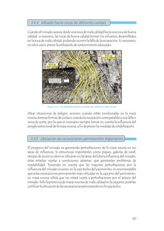 Otras situaciones de peligro, ocurren cuando están involucradas en la masa
rocosa diversas formas de cuñas o cuando la excavación corre paralela a una falla o
zona de corte, por lo que es necesario siempre tomar en cuenta la influencia del
arreglo estructural de la masa rocosa, a fin de prever las medidas de estabilización.
3.4.5 Ubicación de excavaciones permanentes importantes
3.4.4 Minado hacia rocas de diferente calidad
Figura 3.19 Inestabilidad debido al cambio de calidad de masa rocosa.
Cuando el minado avanza desde una roca de mala calidad hacia una roca de buena
calidad o viceversa, las rocas de buena calidad toman los esfuerzos desarrollados
en la roca de mala calidad, pudiendo ocurrir la falla de la excavación. Es necesario,
en estos casos, prever la utilización de sostenimiento adecuado.
El progreso del minado va generando perturbaciones de la masa rocosa en sus
áreas de influencia. Si estructuras importantes como piques, galerías de nivel,
rampas de acceso y otros se ubicaran en las áreas de futura influencia del minado,
éstas estarían sujetas a condiciones adversas, que generarían problemas de
inestabilidad. Teniendo en cuenta que las mayores perturbaciones por la
influencia del minado ocurren en la caja techo del yacimiento, es recomendable
que estas excavaciones permanentes sean ubicadas en la caja piso del yacimiento,
en masa rocosa sólida que no estará sujeta a perturbaciones por el avance del
minado. Solo la presencia de masas rocosas de mala calidad en la caja piso, podrían
justificar la ubicación de las excavaciones permanentes en la caja techo.
Roca de
mala calidad
Roca de
buena calidad
Avance de la
excavación
87
 