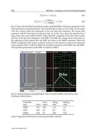 MATLAB – A Ubiquitous Tool for the Practical Engineer216
( ) ( )2
2 1
CS z z CS z−
= × (11)
( ) 2
2
0.09516
0.9048
CS z z
z
− ⎛ ⎞
= ×⎜ ⎟
−⎝ ⎠
, T = 0.1 (12)
Fig. 15 shows the test bench simulation results using ModelSim. This test is generated in the
same procedure as explained before. The controller gives action at 0.3 µs (Fig. 15), the delay
with the systems affects the beginning of the real data (the response). The closed loop
responses with 0.5 step input are shown in Fig. 16. In Fig. 16-a, again the response has a
large study state error with the PDFC. When the PIFC is applied on the first order system
(see Fig. 16-b), the error disappears with 8FBC. The 6FBC has a large steady state error, as
the responses of the systems that use 8FBC are closer to the MSBC responses. When the
PIDFC is applied for this system, as shown in Fig. 16-c, the response is close to the responses
when using the PIFC. In all this, 8FBC has smoother responses to the MSBC than the 6FBC.
The responses performance of the 8FBC are listed in Table 7.
Fig. 15. Timing Diagram using ModelSim of the Controller (8FBC) with CS2 in unity
Feedback Control system.
Controller
type Error
Over
shoot
Rising
time
Settling
time
PDFC 0.11 0.01 1.12 1.2
PIFC 0.01 0.0 0.8 0.9
PIDFC 0.02 0.0 0.48 0.49
Table 7. Responses Performance of the Proposed 8fbc with CS2.
www.intechopen.com
 