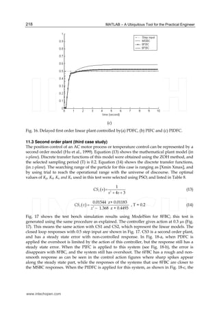 MATLAB – A Ubiquitous Tool for the Practical Engineer218
(c)
Fig. 16. Delayed first order linear plant controlled by(a) PDFC, (b) PIFC and (c) PIDFC.
11.3 Second order plant (third case study)
The position control of an AC motor process or temperature control can be represented by a
second order model (Hu et al., 1999). Equation (13) shows the mathematical plant model (in
s-plane). Discrete transfer functions of this model were obtained using the ZOH method, and
the selected sampling period (T) is 0.2. Equation (14) shows the discrete transfer functions,
(in z-plane). The searching range of the particle for this case is ranging as [Xmin Xmax], and
by using trial to reach the operational range with the universe of discourse. The optimal
values of Kp, Kd, Ki, and Ko used in this test were selected using PSO; and listed in Table 8.
( )3 2
1
4 3
CS s
s s
=
+ +
(13)
( )3 2
0.01544 z+ 0.01183
1.368 z + 0.4493
CS z
z
=
−
, T = 0.2 (14)
Fig. 17 shows the test bench simulation results using ModelSim for 8FBC; this test is
generated using the same procedure as explained. The controller gives action at 0.3 µs (Fig.
17). This means the same action with CS1 and CS2, which represent the linear models. The
closed loop responses with 0.5 step input are shown in Fig. 17. CS3 is a second order plant,
and has a steady state error with non-controlled response. In Fig. 18-a, when PDFC is
applied the overshoot is limited by the action of this controller, but the response still has a
steady state error. When the PIFC is applied to this system (see Fig. 18-b), the error is
disappears with 8FBC, and the system still has overshoot. The 6FBC has a rough and non-
smooth response as can be seen in the control action figures where sharp spikes appear
along the steady state part, while the responses of the systems that use 8FBC are closer to
the MSBC responses. When the PIDFC is applied for this system, as shown in Fig. 18-c, the
www.intechopen.com
 