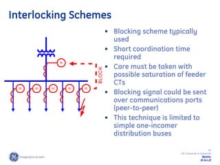 16
GE Consumer & Industrial
Multilin
29-Oct-22
Interlocking Schemes
• Blocking scheme typically
used
• Short coordination time
required
• Care must be taken with
possible saturation of feeder
CTs
• Blocking signal could be sent
over communications ports
(peer-to-peer)
• This technique is limited to
simple one-incomer
distribution buses
50
50 50 50 50 50
BLOCK
 