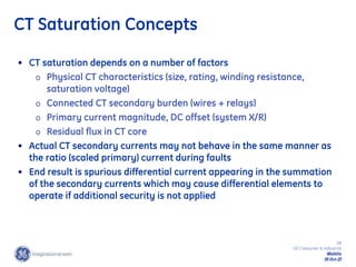 28
GE Consumer & Industrial
Multilin
29-Oct-22
CT Saturation Concepts
• CT saturation depends on a number of factors
o Physical CT characteristics (size, rating, winding resistance,
saturation voltage)
o Connected CT secondary burden (wires + relays)
o Primary current magnitude, DC offset (system X/R)
o Residual flux in CT core
• Actual CT secondary currents may not behave in the same manner as
the ratio (scaled primary) current during faults
• End result is spurious differential current appearing in the summation
of the secondary currents which may cause differential elements to
operate if additional security is not applied
 