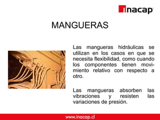 MANGUERAS
Las mangueras hidráulicas se
utilizan en los casos en que se
necesita flexibilidad, como cuando
los componentes tienen movi-
miento relativo con respecto a
otro.
Las mangueras absorben las
vibraciones y resisten las
variaciones de presión.
 