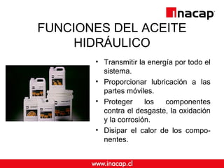 FUNCIONES DEL ACEITE
HIDRÁULICO
• Transmitir la energía por todo el
sistema.
• Proporcionar lubricación a las
partes móviles.
• Proteger los componentes
contra el desgaste, la oxidación
y la corrosión.
• Disipar el calor de los compo-
nentes.
 