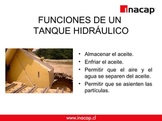 FUNCIONES DE UN
TANQUE HIDRÁULICO
• Almacenar el aceite.
• Enfriar el aceite.
• Permitir que el aire y el
agua se separen del aceite.
• Permitir que se asienten las
partículas.
 