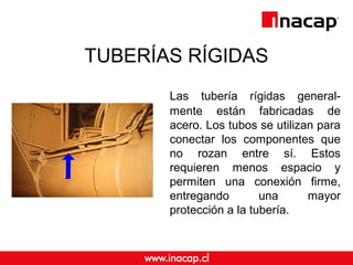 TUBERÍAS RÍGIDAS 
Las tubería rígidas general-mente 
están fabricadas de 
acero. Los tubos se utilizan para 
conectar los componentes que 
no rozan entre sí. Estos 
requieren menos espacio y 
permiten una conexión firme, 
entregando una mayor 
protección a la tubería. 
 