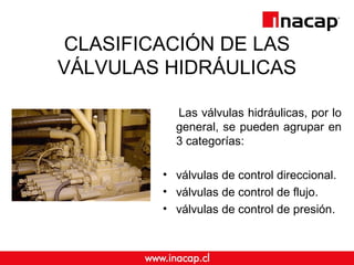 CLASIFICACIÓN DE LAS 
VÁLVULAS HIDRÁULICAS 
Las válvulas hidráulicas, por lo 
general, se pueden agrupar en 
3 categorías:...