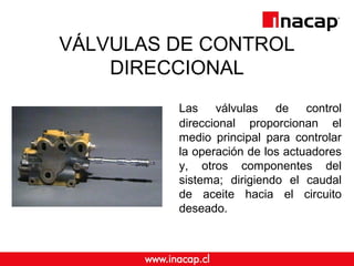 VÁLVULAS DE CONTROL 
DIRECCIONAL 
Las válvulas de control 
direccional proporcionan el 
medio principal para controlar 
la operación de los actuadores 
y, otros componentes del 
sistema; dirigiendo el caudal 
de aceite hacia el circuito 
deseado. 
 