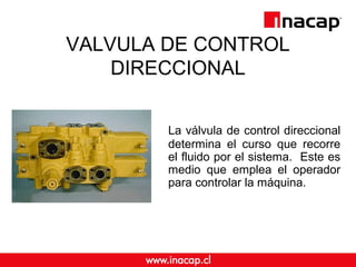 VALVULA DE CONTROL 
DIRECCIONAL 
La válvula de control direccional 
determina el curso que recorre 
el fluido por el sistema. Este es 
medio que emplea el operador 
para controlar la máquina. 
 