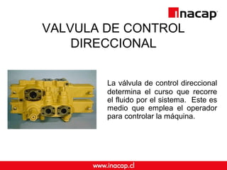 VALVULA DE CONTROL 
DIRECCIONAL 
La válvula de control direccional 
determina el curso que recorre 
el fluido por el siste...