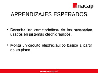APRENDIZAJES ESPERADOS 
• Describe las características de los accesorios 
usados en sistemas oleohidráulicos. 
• Monta un circuito oleohidráulico básico a partir 
de un plano. 
 
