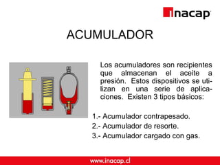 ACUMULADOR 
Los acumuladores son recipientes 
que almacenan el aceite a 
presión. Estos dispositivos se uti-lizan 
en una serie de aplica-ciones. 
Existen 3 tipos básicos: 
1.- Acumulador contrapesado. 
2.- Acumulador de resorte. 
3.- Acumulador cargado con gas. 
 