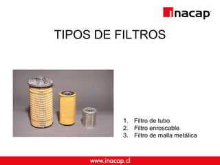 TIPOS DE FILTROS 
1. Filtro de tubo 
2. Filtro enroscable 
3. Filtro de malla metálica 
 