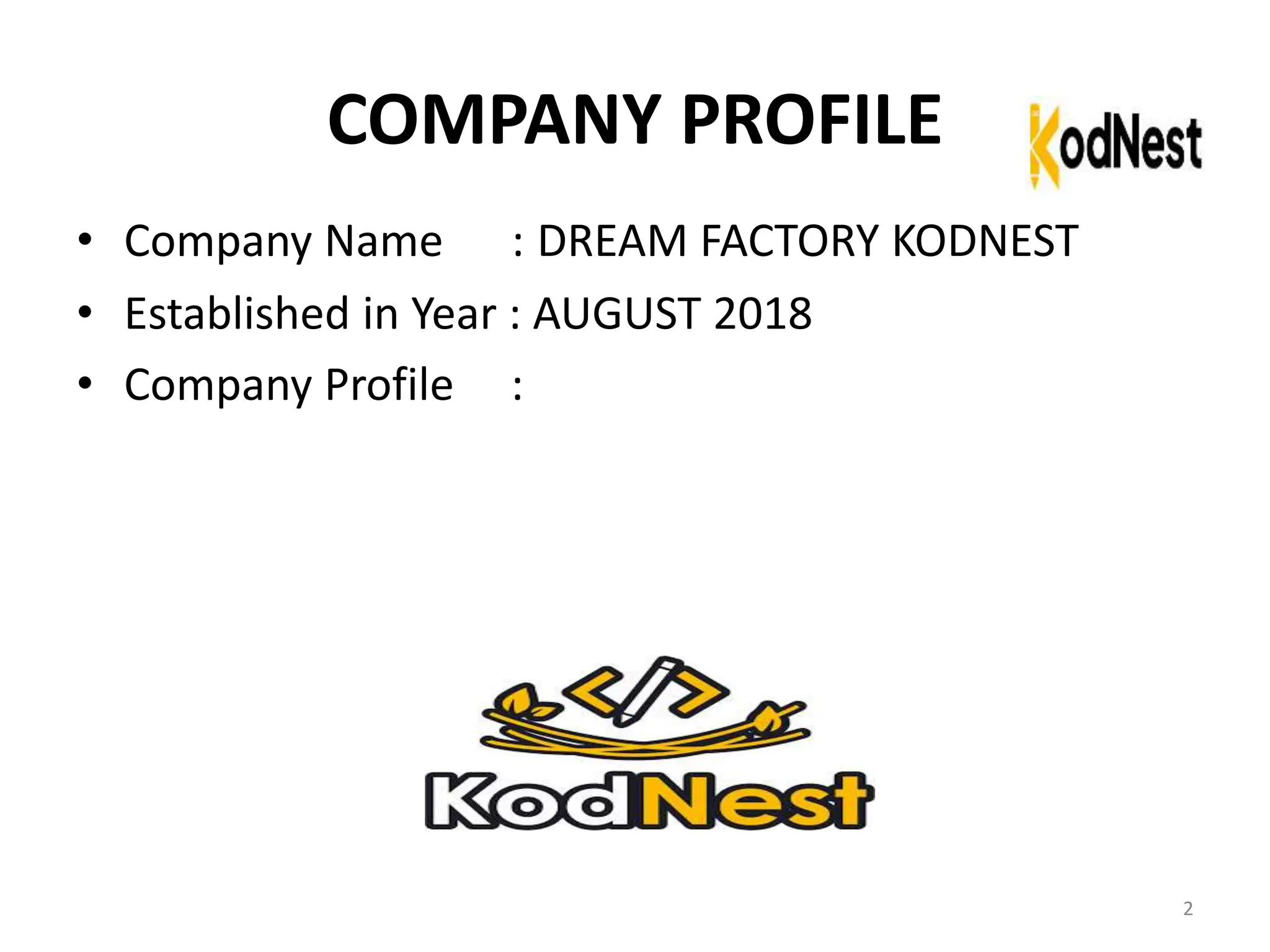 COMPANY PROFILE
• Company Name : DREAM FACTORY KODNEST
• Established in Year : AUGUST 2018
• Company Profile :
2
 