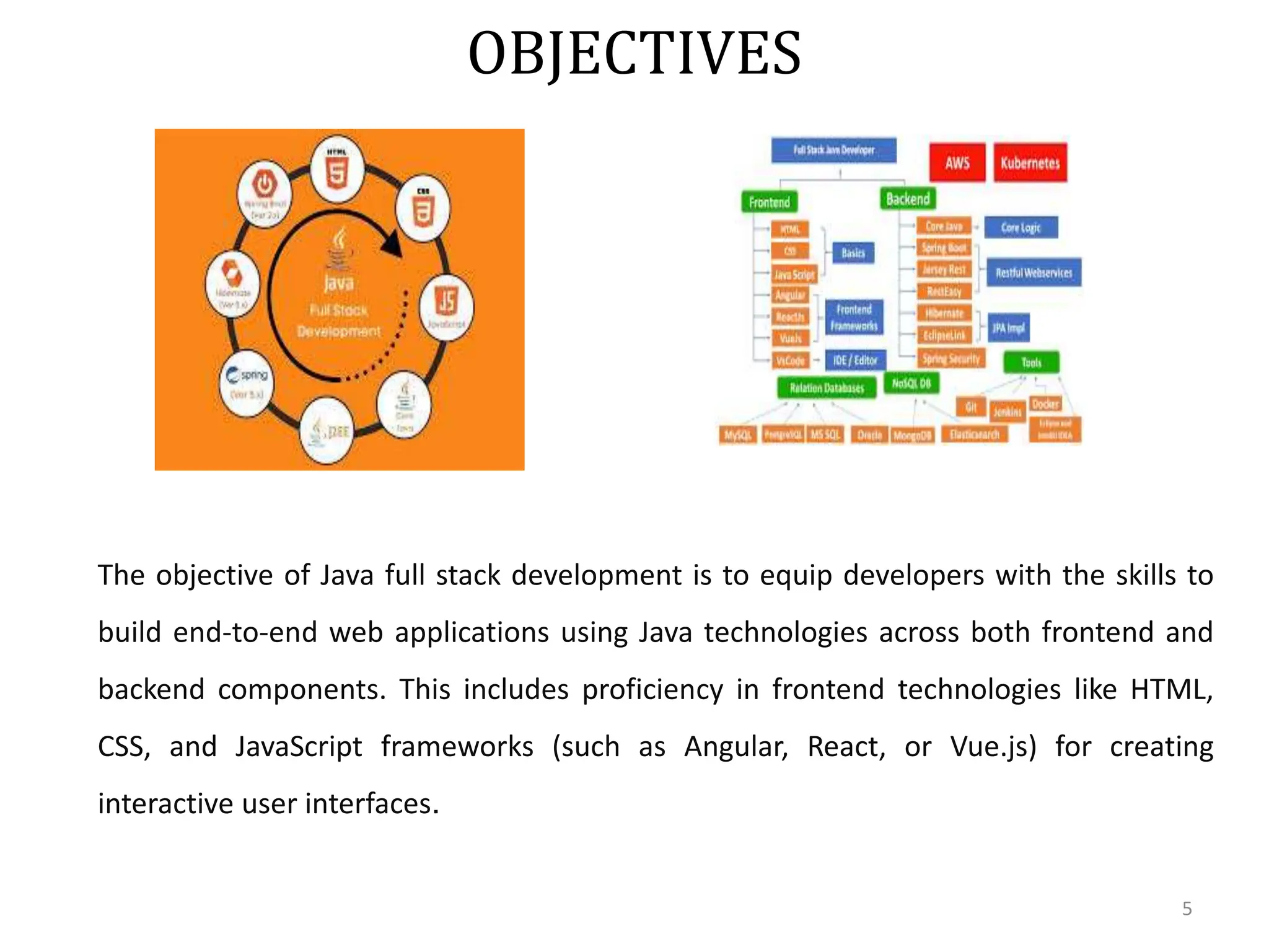 OBJECTIVES
5
The objective of Java full stack development is to equip developers with the skills to
build end-to-end web applications using Java technologies across both frontend and
backend components. This includes proficiency in frontend technologies like HTML,
CSS, and JavaScript frameworks (such as Angular, React, or Vue.js) for creating
interactive user interfaces.
 