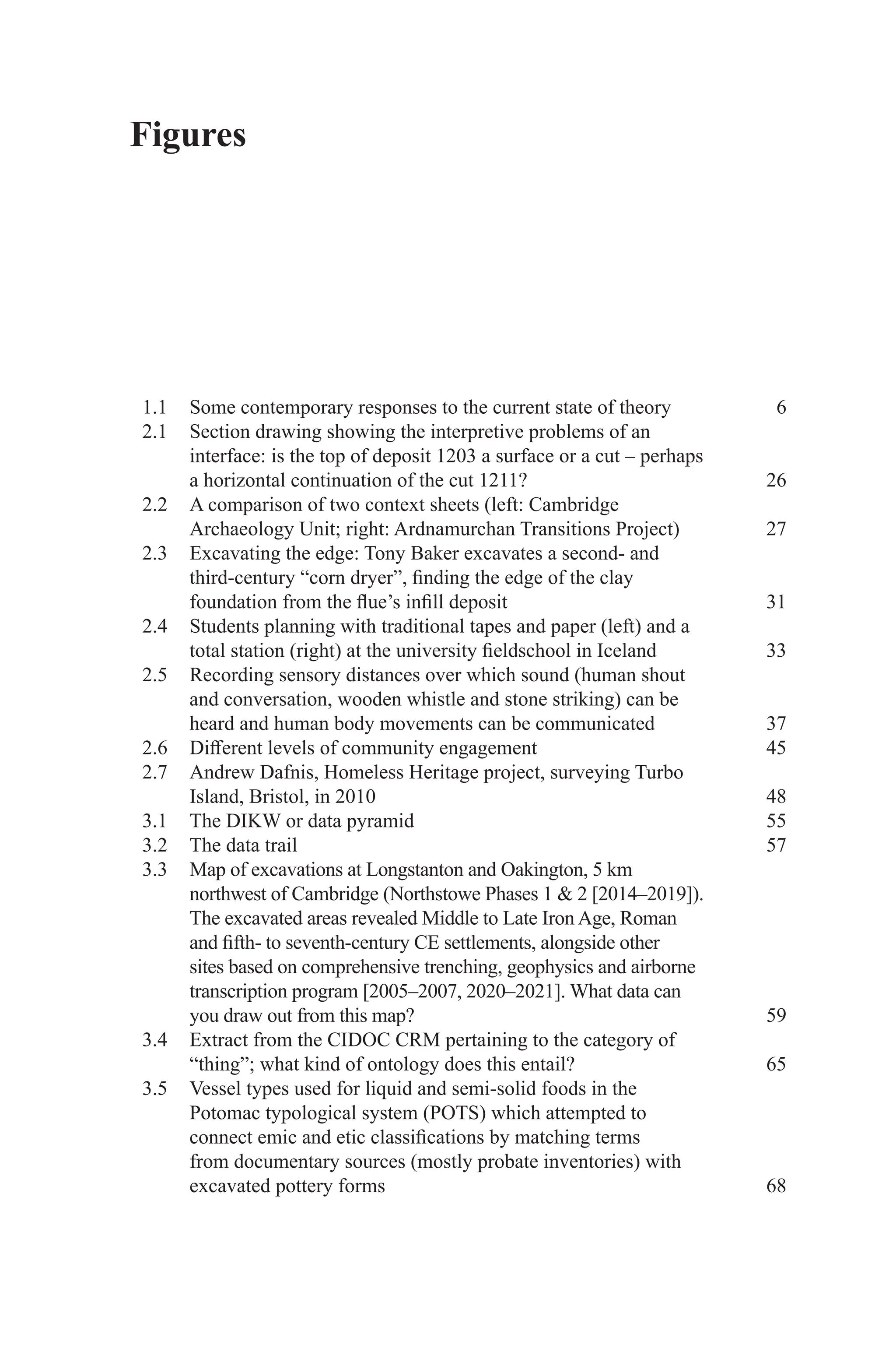 Figures
1.1 Some contemporary responses to the current state of theory 6
2.1 Section drawing showing the interpretive problems of an
interface: is the top of deposit 1203 a surface or a cut – perhaps
a horizontal continuation of the cut 1211? 26
2.2 A comparison of two context sheets (left: Cambridge
Archaeology Unit; right: Ardnamurchan Transitions Project) 27
2.3 Excavating the edge: Tony Baker excavates a second- and
third-century “corn dryer”, finding the edge of the clay
foundation from the flue’s infill deposit 31
2.4 Students planning with traditional tapes and paper (left) and a
total station (right) at the university fieldschool in Iceland 33
2.5 Recording sensory distances over which sound (human shout
and conversation, wooden whistle and stone striking) can be
heard and human body movements can be communicated 37
2.6 Different levels of community engagement 45
2.7 Andrew Dafnis, Homeless Heritage project, surveying Turbo
Island, Bristol, in 2010 48
3.1 The DIKW or data pyramid 55
3.2 The data trail 57
3.3 Map of excavations at Longstanton and Oakington, 5 km
northwest of Cambridge (Northstowe Phases 1  2 [2014–2019]).
The excavated areas revealed Middle to Late Iron Age, Roman
and fifth- to seventh-century CE settlements, alongside other
sites based on comprehensive trenching, geophysics and airborne
transcription program [2005–2007, 2020–2021]. What data can
you draw out from this map? 59
3.4 Extract from the CIDOC CRM pertaining to the category of
“thing”; what kind of ontology does this entail? 65
3.5 Vessel types used for liquid and semi-solid foods in the
Potomac typological system (POTS) which attempted to
connect emic and etic classifications by matching terms
from documentary sources (mostly probate inventories) with
excavated pottery forms 68
 