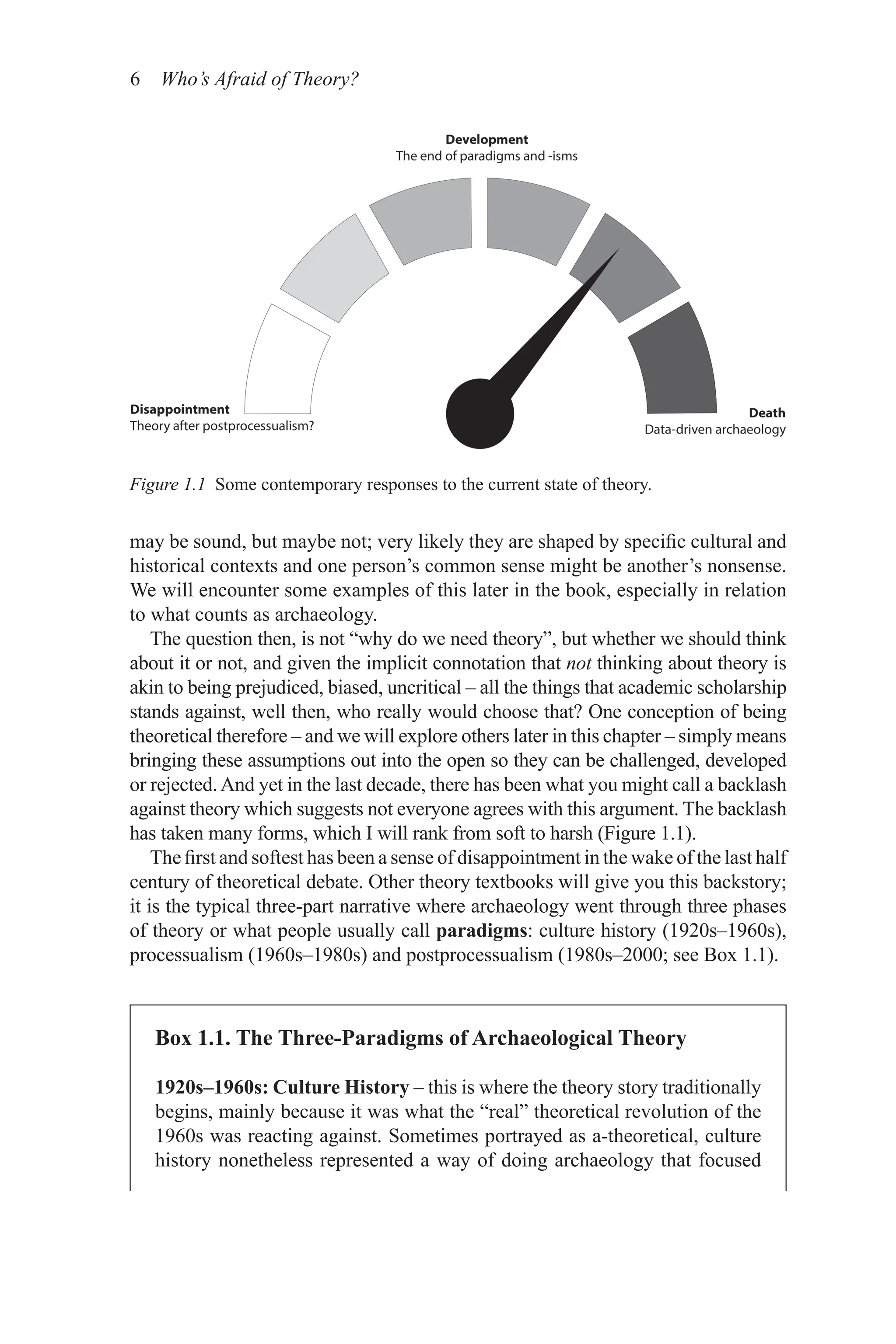 6 Who’s Afraid of Theory?
may be sound, but maybe not; very likely they are shaped by specific cultural and
historical contexts and one person’s common sense might be another’s nonsense.
We will encounter some examples of this later in the book, especially in relation
to what counts as archaeology.
The question then, is not “why do we need theory”, but whether we should think
about it or not, and given the implicit connotation that not thinking about theory is
akin to being prejudiced, biased, uncritical – all the things that academic scholarship
stands against, well then, who really would choose that? One conception of being
theoretical therefore – and we will explore others later in this ­
chapter – simply means
bringing these assumptions out into the open so they can be challenged, developed
or rejected.And yet in the last decade, there has been what you might call a backlash
against theory which suggests not everyone agrees with this argument. The backlash
has taken many forms, which I will rank from soft to harsh (Figure 1.1).
The first and softest has been a sense of disappointment in the wake of the last half
century of theoretical debate. Other theory textbooks will give you this backstory;
it is the typical three-part narrative where archaeology went through three phases
of theory or what people usually call paradigms: culture history (1920s–1960s),
processualism (1960s–1980s) and postprocessualism (1980s–2000; see Box 1.1).
Figure 1.1 Some contemporary responses to the current state of theory.
Box 1.1. The Three-Paradigms of Archaeological Theory
1920s–1960s: Culture History – this is where the theory story traditionally
begins, mainly because it was what the “real” theoretical revolution of the
1960s was reacting against. Sometimes portrayed as a-theoretical, culture
history nonetheless represented a way of doing archaeology that focused
 