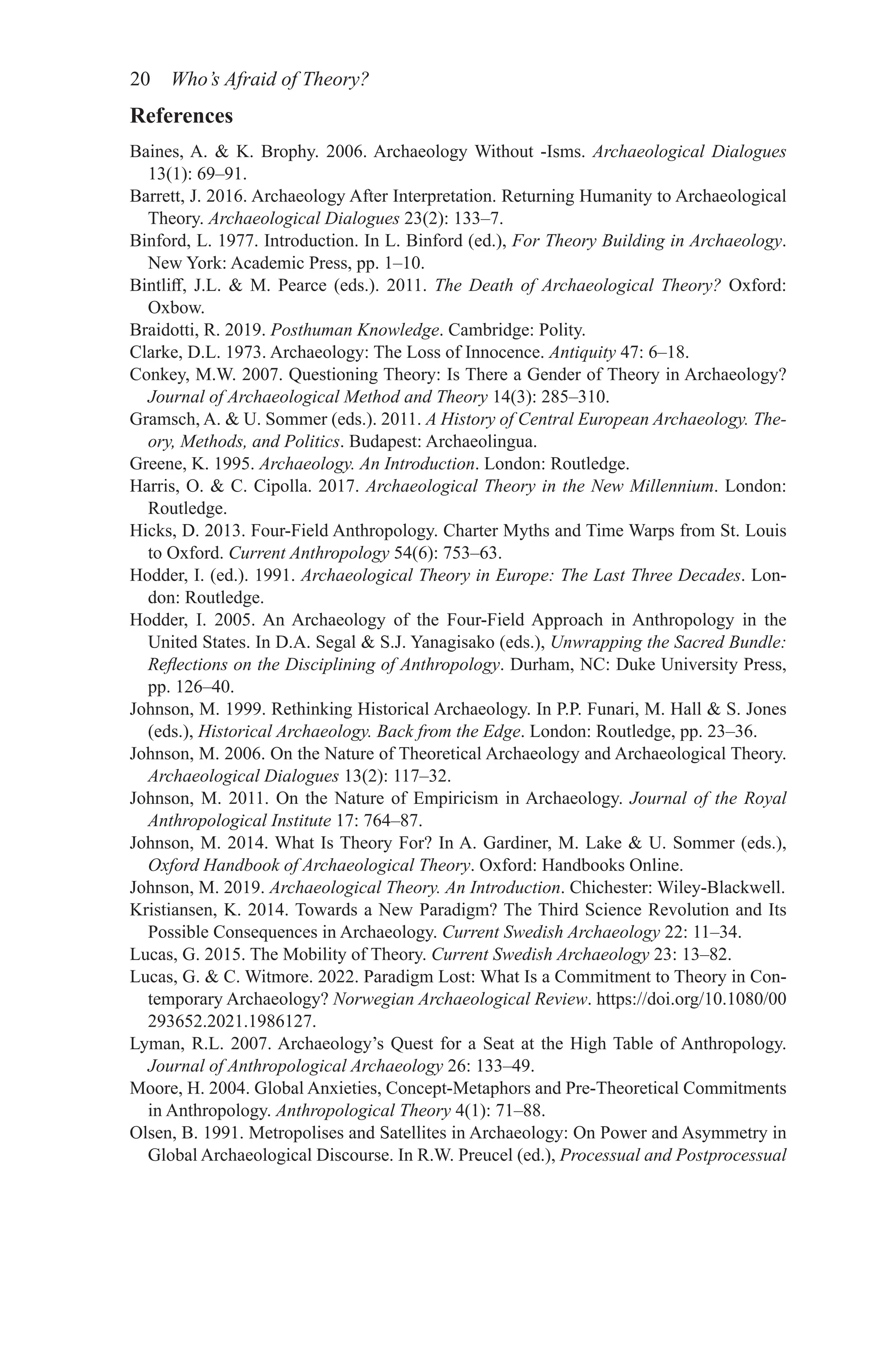 20 Who’s Afraid of Theory?
References
Baines, A.  K. Brophy. 2006. Archaeology Without -Isms. Archaeological Dialogues
13(1): 69–91.
Barrett, J. 2016. Archaeology After Interpretation. Returning Humanity to Archaeological
Theory. Archaeological Dialogues 23(2): 133–7.
Binford, L. 1977. Introduction. In L. Binford (ed.), For Theory Building in Archaeology.
New York: Academic Press, pp. 1–10.
Bintliff, J.L.  M. Pearce (eds.). 2011. The Death of Archaeological Theory? Oxford:
Oxbow.
Braidotti, R. 2019. Posthuman Knowledge. Cambridge: Polity.
Clarke, D.L. 1973. Archaeology: The Loss of Innocence. Antiquity 47: 6–18.
Conkey, M.W. 2007. Questioning Theory: Is There a Gender of Theory in Archaeology?
Journal of Archaeological Method and Theory 14(3): 285–310.
Gramsch, A.  U. Sommer (eds.). 2011. A History of Central European Archaeology. The-
ory, Methods, and Politics. Budapest: Archaeolingua.
Greene, K. 1995. Archaeology. An Introduction. London: Routledge.
Harris, O.  C. Cipolla. 2017. Archaeological Theory in the New Millennium. London:
Routledge.
Hicks, D. 2013. Four-Field Anthropology. Charter Myths and Time Warps from St. Louis
to Oxford. Current Anthropology 54(6): 753–63.
Hodder, I. (ed.). 1991. Archaeological Theory in Europe: The Last Three Decades. Lon-
don: Routledge.
Hodder, I. 2005. An Archaeology of the Four-Field Approach in Anthropology in the
United States. In D.A. Segal  S.J. Yanagisako (eds.), Unwrapping the Sacred Bundle:
Reflections on the Disciplining of Anthropology. Durham, NC: Duke University Press,
pp. 126–40.
Johnson, M. 1999. Rethinking Historical Archaeology. In P.P. Funari, M. Hall  S. Jones
(eds.), Historical Archaeology. Back from the Edge. London: Routledge, pp. 23–36.
Johnson, M. 2006. On the Nature of Theoretical Archaeology and Archaeological Theory.
Archaeological Dialogues 13(2): 117–32.
Johnson, M. 2011. On the Nature of Empiricism in Archaeology. Journal of the Royal
Anthropological Institute 17: 764–87.
Johnson, M. 2014. What Is Theory For? In A. Gardiner, M. Lake  U. Sommer (eds.),
Oxford Handbook of Archaeological Theory. Oxford: Handbooks Online.
Johnson, M. 2019. Archaeological Theory. An Introduction. Chichester: Wiley-Blackwell.
Kristiansen, K. 2014. Towards a New Paradigm? The Third Science Revolution and Its
Possible Consequences in Archaeology. Current Swedish Archaeology 22: 11–34.
Lucas, G. 2015. The Mobility of Theory. Current Swedish Archaeology 23: 13–82.
Lucas, G.  C. Witmore. 2022. Paradigm Lost: What Is a Commitment to Theory in Con-
temporary Archaeology? Norwegian Archaeological Review. https://doi.org/10.1080/00
293652.2021.1986127.
Lyman, R.L. 2007. Archaeology’s Quest for a Seat at the High Table of Anthropology.
Journal of Anthropological Archaeology 26: 133–49.
Moore, H. 2004. Global Anxieties, Concept-Metaphors and Pre-Theoretical Commitments
in Anthropology. Anthropological Theory 4(1): 71–88.
Olsen, B. 1991. Metropolises and Satellites in Archaeology: On Power and Asymmetry in
Global Archaeological Discourse. In R.W. Preucel (ed.), Processual and Postprocessual
 