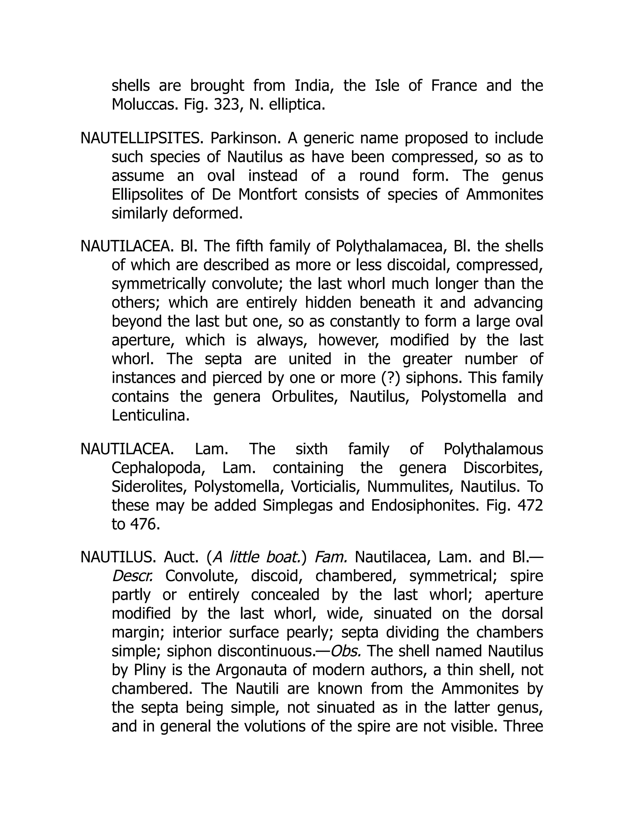 shells are brought from India, the Isle of France and the
Moluccas. Fig. 323, N. elliptica.
NAUTELLIPSITES. Parkinson. A generic name proposed to include
such species of Nautilus as have been compressed, so as to
assume an oval instead of a round form. The genus
Ellipsolites of De Montfort consists of species of Ammonites
similarly deformed.
NAUTILACEA. Bl. The fifth family of Polythalamacea, Bl. the shells
of which are described as more or less discoidal, compressed,
symmetrically convolute; the last whorl much longer than the
others; which are entirely hidden beneath it and advancing
beyond the last but one, so as constantly to form a large oval
aperture, which is always, however, modified by the last
whorl. The septa are united in the greater number of
instances and pierced by one or more (?) siphons. This family
contains the genera Orbulites, Nautilus, Polystomella and
Lenticulina.
NAUTILACEA. Lam. The sixth family of Polythalamous
Cephalopoda, Lam. containing the genera Discorbites,
Siderolites, Polystomella, Vorticialis, Nummulites, Nautilus. To
these may be added Simplegas and Endosiphonites. Fig. 472
to 476.
NAUTILUS. Auct. (A little boat.) Fam. Nautilacea, Lam. and Bl.—
Descr. Convolute, discoid, chambered, symmetrical; spire
partly or entirely concealed by the last whorl; aperture
modified by the last whorl, wide, sinuated on the dorsal
margin; interior surface pearly; septa dividing the chambers
simple; siphon discontinuous.—Obs. The shell named Nautilus
by Pliny is the Argonauta of modern authors, a thin shell, not
chambered. The Nautili are known from the Ammonites by
the septa being simple, not sinuated as in the latter genus,
and in general the volutions of the spire are not visible. Three
 