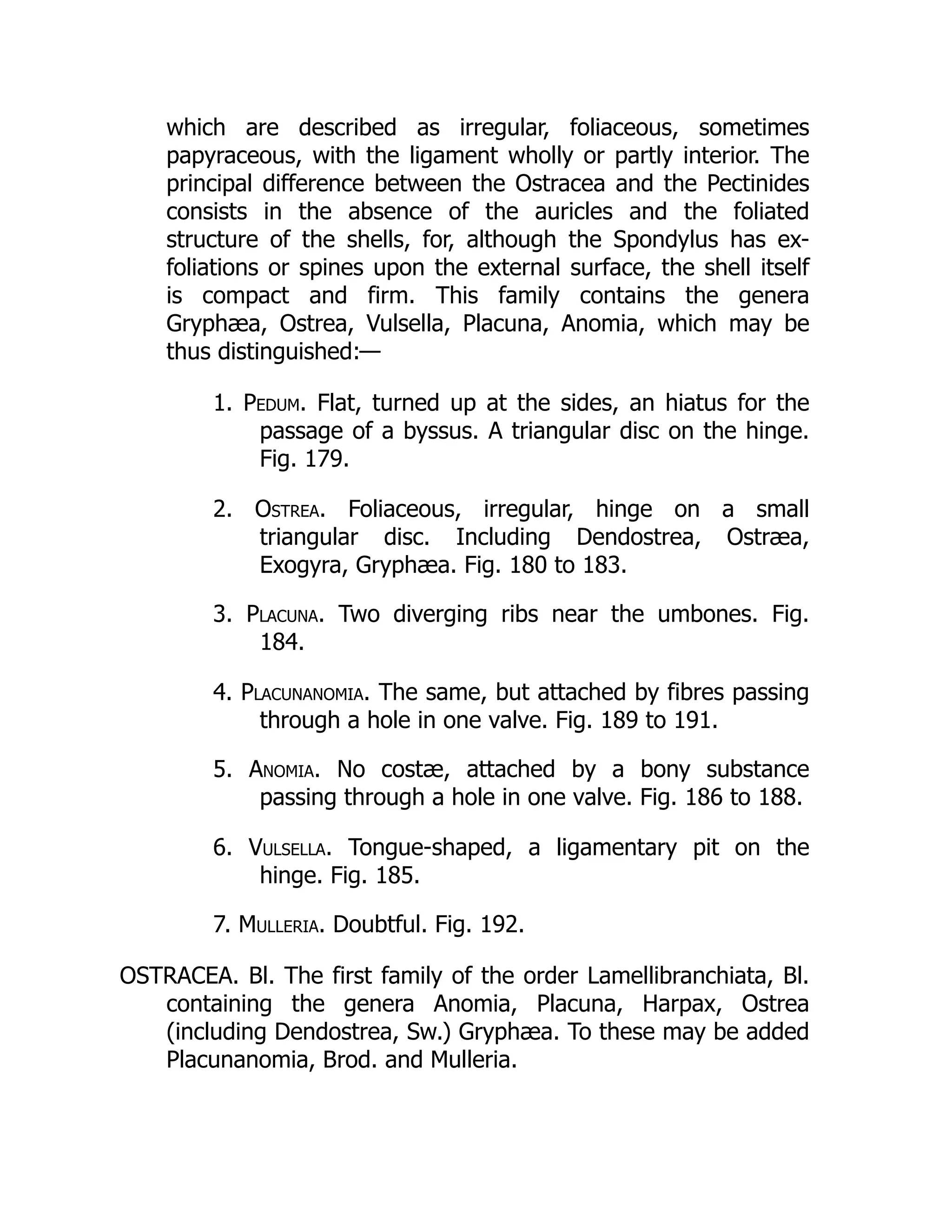 which are described as irregular, foliaceous, sometimes
papyraceous, with the ligament wholly or partly interior. The
principal difference between the Ostracea and the Pectinides
consists in the absence of the auricles and the foliated
structure of the shells, for, although the Spondylus has ex-
foliations or spines upon the external surface, the shell itself
is compact and firm. This family contains the genera
Gryphæa, Ostrea, Vulsella, Placuna, Anomia, which may be
thus distinguished:—
1. Pedum. Flat, turned up at the sides, an hiatus for the
passage of a byssus. A triangular disc on the hinge.
Fig. 179.
2. Ostrea. Foliaceous, irregular, hinge on a small
triangular disc. Including Dendostrea, Ostræa,
Exogyra, Gryphæa. Fig. 180 to 183.
3. Placuna. Two diverging ribs near the umbones. Fig.
184.
4. Placunanomia. The same, but attached by fibres passing
through a hole in one valve. Fig. 189 to 191.
5. Anomia. No costæ, attached by a bony substance
passing through a hole in one valve. Fig. 186 to 188.
6. Vulsella. Tongue-shaped, a ligamentary pit on the
hinge. Fig. 185.
7. Mulleria. Doubtful. Fig. 192.
OSTRACEA. Bl. The first family of the order Lamellibranchiata, Bl.
containing the genera Anomia, Placuna, Harpax, Ostrea
(including Dendostrea, Sw.) Gryphæa. To these may be added
Placunanomia, Brod. and Mulleria.
 
