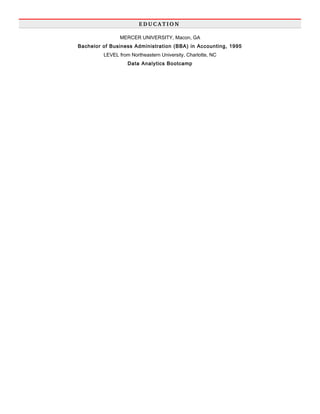 E D U C A T I O N
MERCER UNIVERSITY, Macon, GA
Bachelor of Business Administration (BBA) in Accounting, 1995
LEVEL from Northeastern University, Charlotte, NC
Data Analytics Bootcamp
 