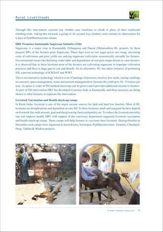 Dr. Reddy’s Foundation | February 2015 15
Through this intervention coconut tree climber uses machines to climb in place of their traditional
climbing tools. Taking this forward, a group of 10 coconut tree climbers were trained on intervention for
6 days at Pydibheemavaram cluster.
DRF Promotes Sustainable Sugarcane Initiative (SSI)
Sugarcane is a major crop in Kamareddy (Telangana) and Daund (Maharashtra) RL projects. In these
projects 80% of the farmers grow Sugarcane. These days even as raw sugar prices are rising, increasing
costs of cultivation and poor yields are making sugarcane cultivation economically unviable for farmers.
Environmental issues like declining water table and degradation of soil pose major threats to cane farmers.
It is observed that in these locations most of the farmers are cultivating sugarcane in improper cultivation
practices and there is huge gap in cost and benefit. As an alternative, RL has taken initiative of promoting
SSI, a proven technology of ICRISAT and WWF.
This is an innovative technology which is a set of package of practices involves less seeds, raising seedlings
in a nursery, space management, water and nutrient management to increase the yield up to 10 - 15 tonnes per
acre. As space is wider in SSI method intercrops can be grown and it provides additional income to farmers.
As part of SSI intervention DRF has developed 4 nursery beds in Kamareddy and these nurseries are being
shown to other farmers, to replicate the intervention.
Livestock Vaccination and Health check-up camps
In Rural India, livestock is one of the major income sources for land and land less families. Most of RL
locations are drought prone and dependant on rain fall. In these locations small and marginal farmers depend
on livestock like milk animals, goat and sheep rearing, back yard poultry etc. To reduce the livestock mortality
rate and improve health, DRF with support of the veterinary department organised livestock vaccination
and health check-up camps. These camps will help farmers to vaccinate their livestock. During October to
December such camps were organised at Jammikunta, Srirampur, Pydibheemavaram, Varanasi, Chandauli,
Durg, Tadoba & Washim projects.
Rural Livelihoods
 