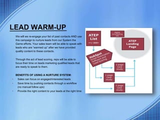 LEAD WARM-UP
We will we re-engage your list of past contacts AND use
this campaign to nurture leads from our System the
Game efforts. Your sales team will be able to speak with
leads who are “warmed up” after we have provided
quality content to these contacts.
Through the act of lead scoring, reps will be able to
focus their time on leads marketing qualified leads that
are ready to speak to them.
BENEFITS OF USING A NURTURE SYSTEM:
• Sales can focus on engaged/interested leads
• Save time by pushing contacts through a workflow
(no manual follow ups)
• Provide the right content to your leads at the right time
 