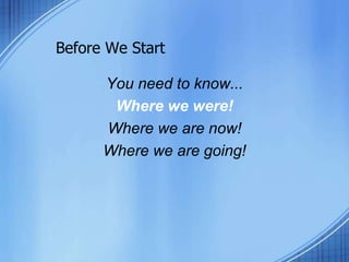 Before We Start
You need to know...
Where we were!
Where we are now!
Where we are going!
 