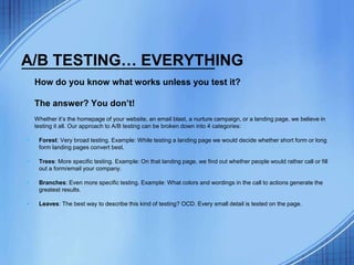 A/B TESTING… EVERYTHING
How do you know what works unless you test it?
The answer? You don’t!
Whether it’s the homepage of your website, an email blast, a nurture campaign, or a landing page, we believe in
testing it all. Our approach to A/B testing can be broken down into 4 categories:
• Forest: Very broad testing. Example: While testing a landing page we would decide whether short form or long
form landing pages convert best.
• Trees: More specific testing. Example: On that landing page, we find out whether people would rather call or fill
out a form/email your company.
• Branches: Even more specific testing. Example: What colors and wordings in the call to actions generate the
greatest results.
• Leaves: The best way to describe this kind of testing? OCD. Every small detail is tested on the page.
 