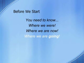 Before We Start
You need to know...
Where we were!
Where we are now!
Where we are going!
 