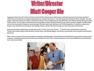 Writer/Director
MattCooperBio
A graduate of both the UCLA School of Cinema and the Hofstra School of Law, Matt Cooper comb...