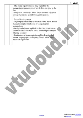 21AD62
JOIN WHATSAPP CHANNEL
OR GROUP
01082024
- The model’s performance may degrade if the
independence assumption of words does not hold in the
data.
- Despite its simplicity, Naïve Bayes remains a popular
choice in practical spam filtering applications.
Future Developments
- Ongoing research aims to enhance Naïve Bayes models
by addressing the limitations of independence
assumptions.
- Incorporating more sophisticated techniques with the
simplicity of Naïve Bayes could lead to improved spam
filtering accuracy.
- Continuous advancements in machine learning and
natural language processing may further refine spam
detection algorithms.
 