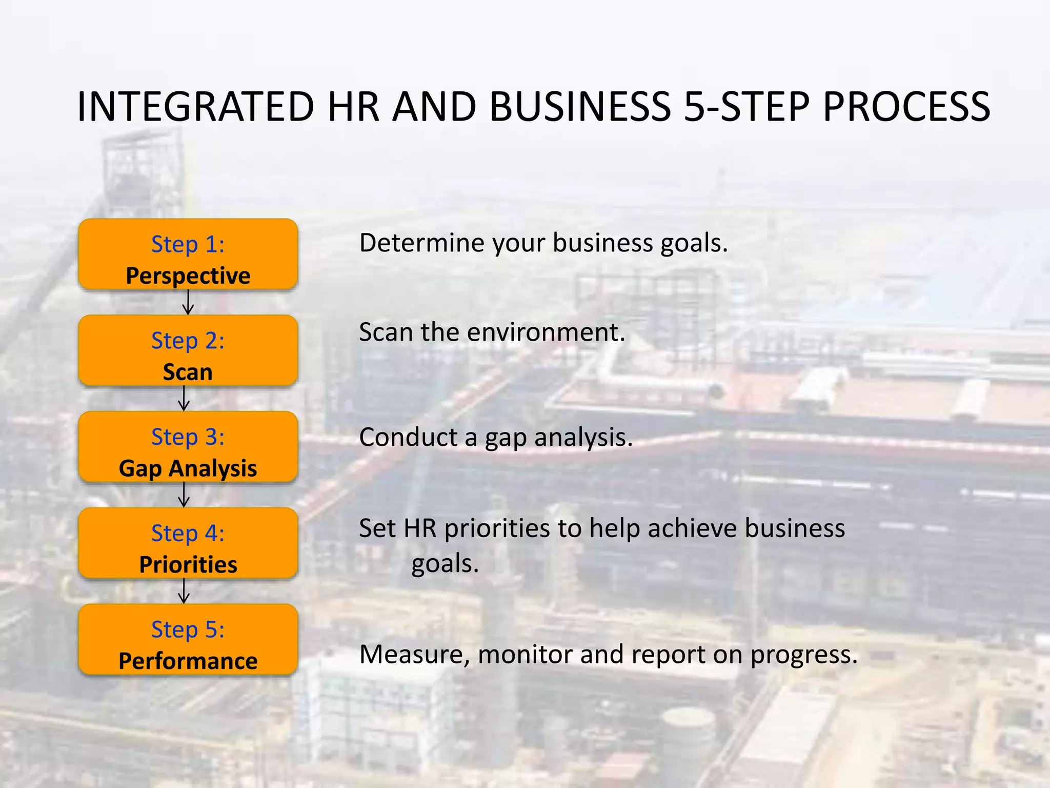INTEGRATED HR AND BUSINESS 5-STEP PROCESS
Determine your business goals.
Scan the environment.
Conduct a gap analysis.
Set HR priorities to help achieve business
goals.
Measure, monitor and report on progress.
Step 1:
Perspective
Step 2:
Scan
Step 3:
Gap Analysis
Step 5:
Performance
Step 4:
Priorities
 