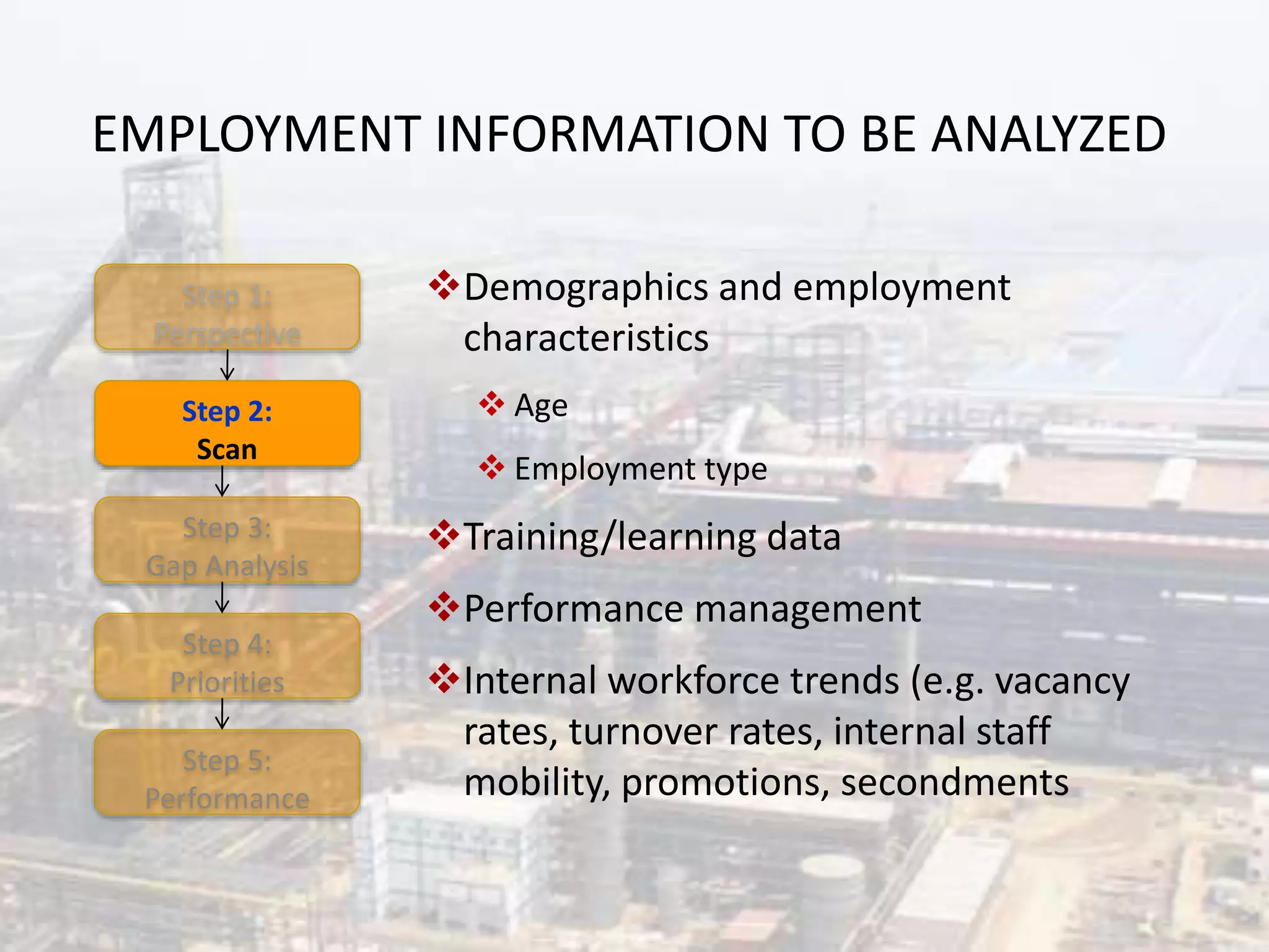EMPLOYMENT INFORMATION TO BE ANALYZED
Step 1:
Perspective
Step 2:
Scan
Step 3:
Gap Analysis
Step 5:
Performance
Step 4:
Priorities
Demographics and employment
characteristics
 Age
 Employment type
Training/learning data
Performance management
Internal workforce trends (e.g. vacancy
rates, turnover rates, internal staff
mobility, promotions, secondments
 
