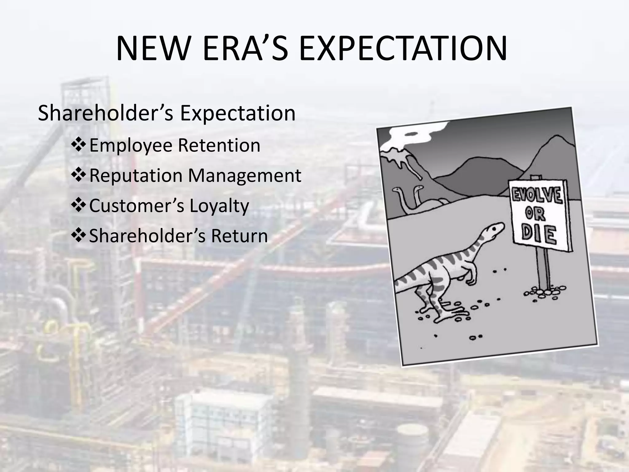 NEW ERA’S EXPECTATION
Shareholder’s Expectation
Employee Retention
Reputation Management
Customer’s Loyalty
Shareholder’s Return
 
