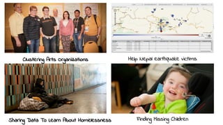Sharing Data To Learn About Homelessness
Clustering Arts Organizations Help Nepal earthquake victims
Finding Missing Children