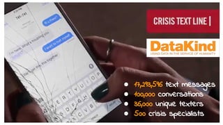 ● 17,293,596 text messages
● 100,000 conversations
● 36,000 unique texters
● 500 crisis specialists