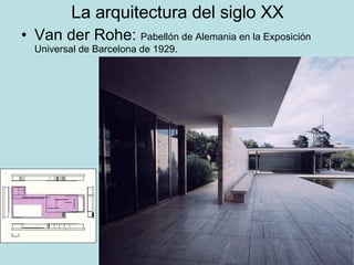La arquitectura del siglo XX Van der Rohe:  Pabellón de Alemania en la Exposición Universal de Barcelona de 1929. 