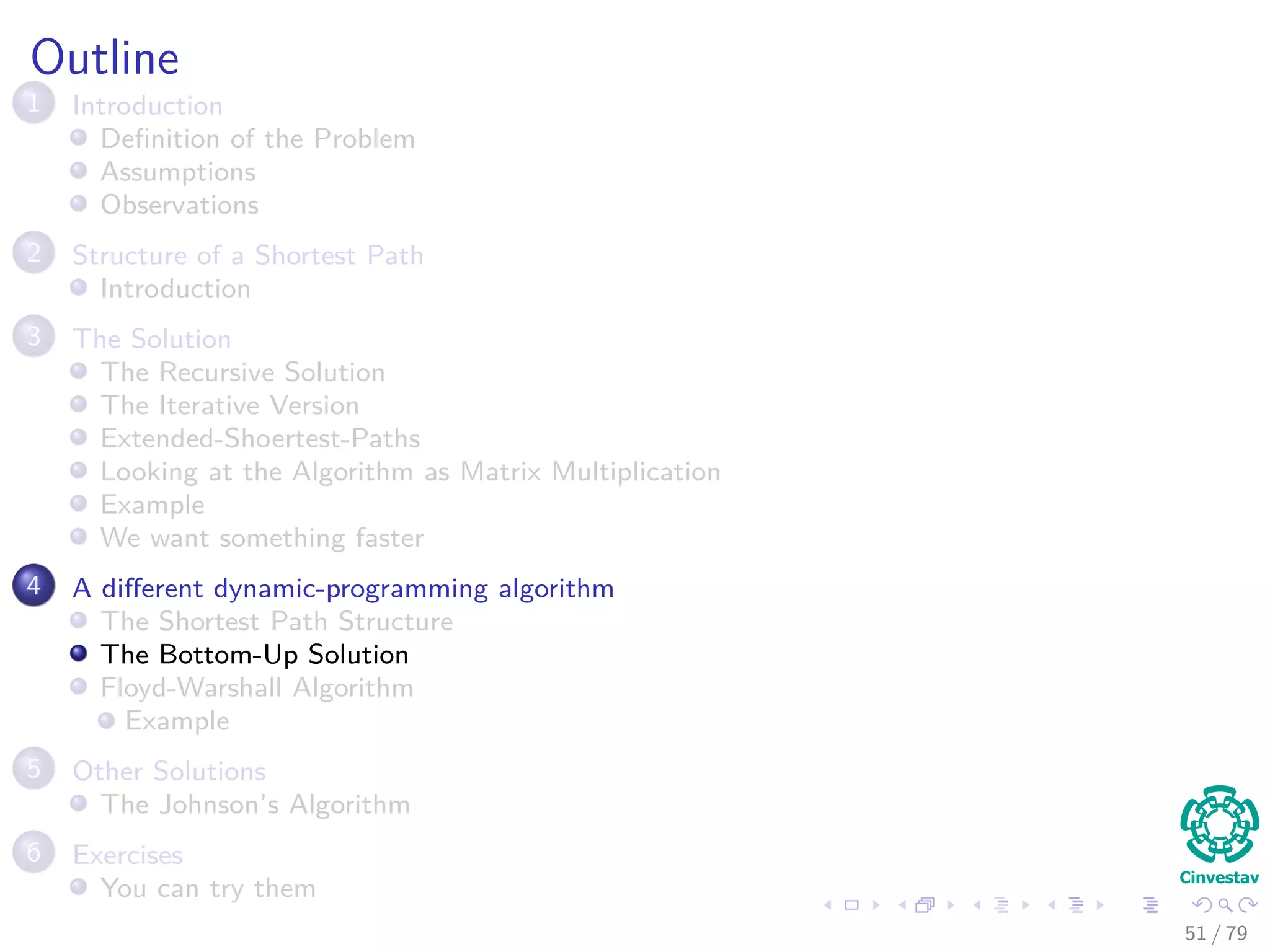 Outline
1 Introduction
Deﬁnition of the Problem
Assumptions
Observations
2 Structure of a Shortest Path
Introduction
3 The Solution
The Recursive Solution
The Iterative Version
Extended-Shoertest-Paths
Looking at the Algorithm as Matrix Multiplication
Example
We want something faster
4 A diﬀerent dynamic-programming algorithm
The Shortest Path Structure
The Bottom-Up Solution
Floyd-Warshall Algorithm
Example
5 Other Solutions
The Johnson’s Algorithm
6 Exercises
You can try them
51 / 79
 