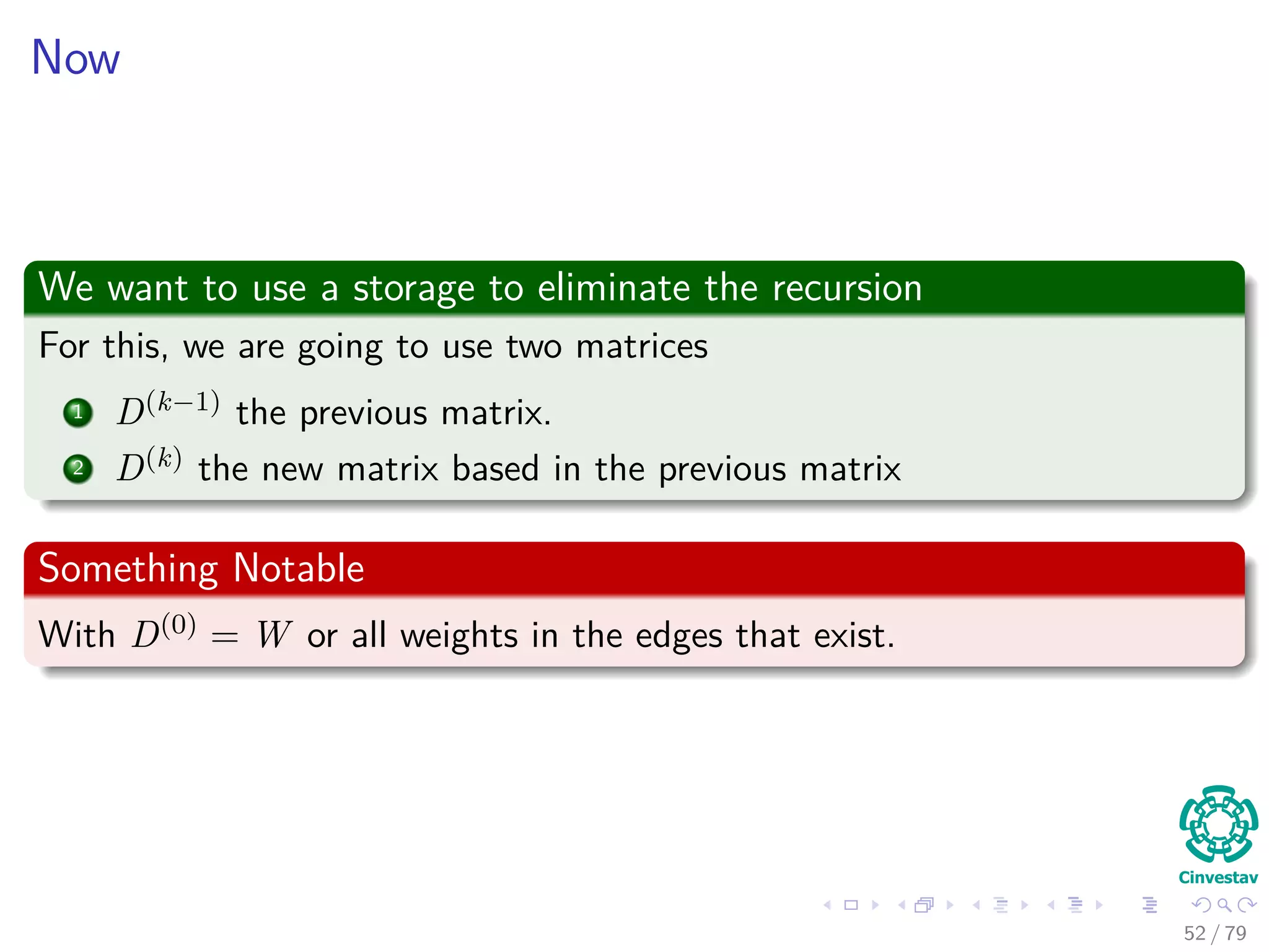 Now
We want to use a storage to eliminate the recursion
For this, we are going to use two matrices
1 D(k−1) the previous matrix.
2 D(k) the new matrix based in the previous matrix
Something Notable
With D(0) = W or all weights in the edges that exist.
52 / 79
 