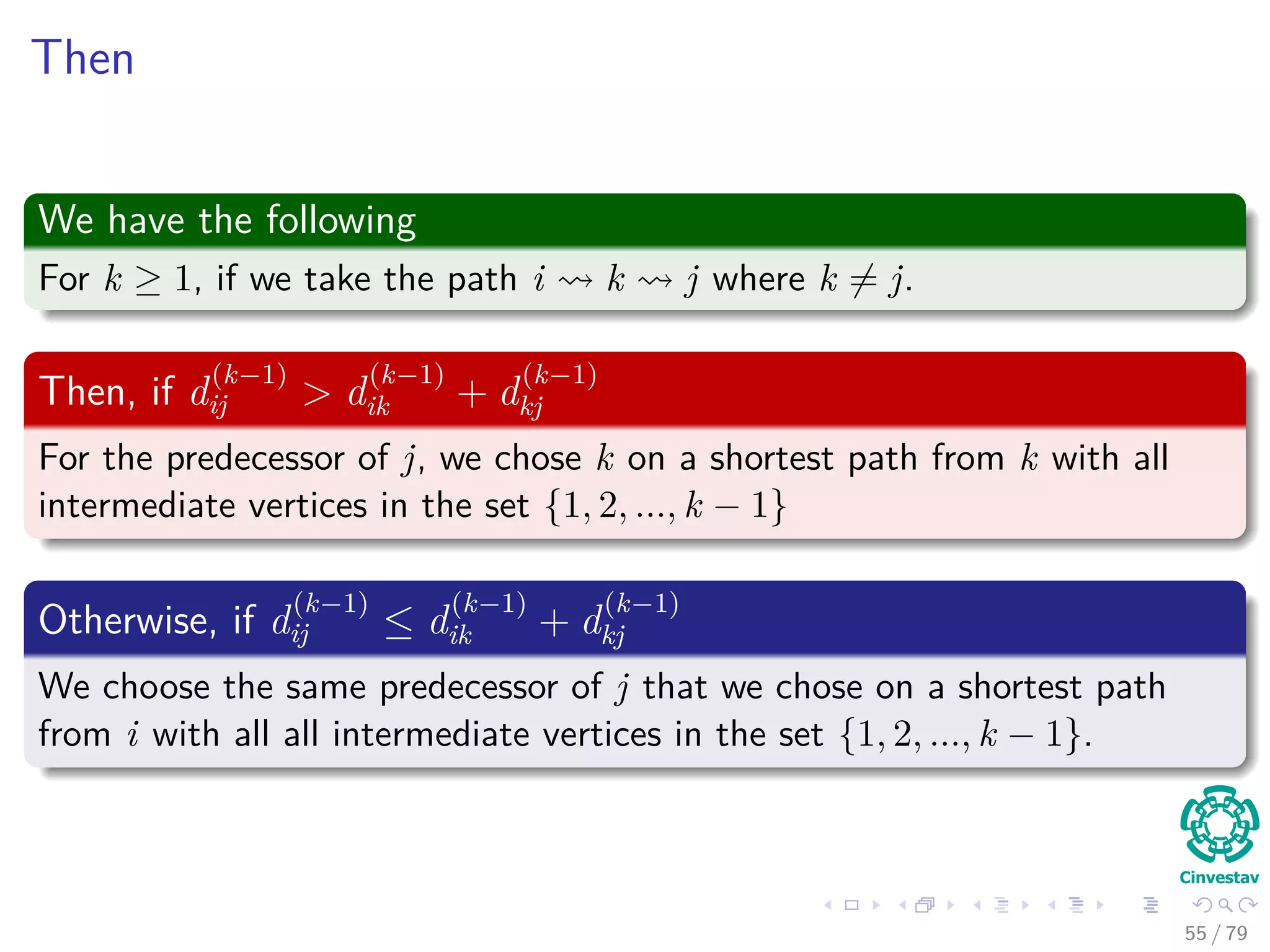 Then
We have the following
For k ≥ 1, if we take the path i k j where k = j.
Then, if d
(k−1)
ij > d
(k−1)
ik + d
(k−1)
kj
For the predecessor of j, we chose k on a shortest path from k with all
intermediate vertices in the set {1, 2, ..., k − 1}
Otherwise, if d
(k−1)
ij ≤ d
(k−1)
ik + d
(k−1)
kj
We choose the same predecessor of j that we chose on a shortest path
from i with all all intermediate vertices in the set {1, 2, ..., k − 1}.
55 / 79
 
