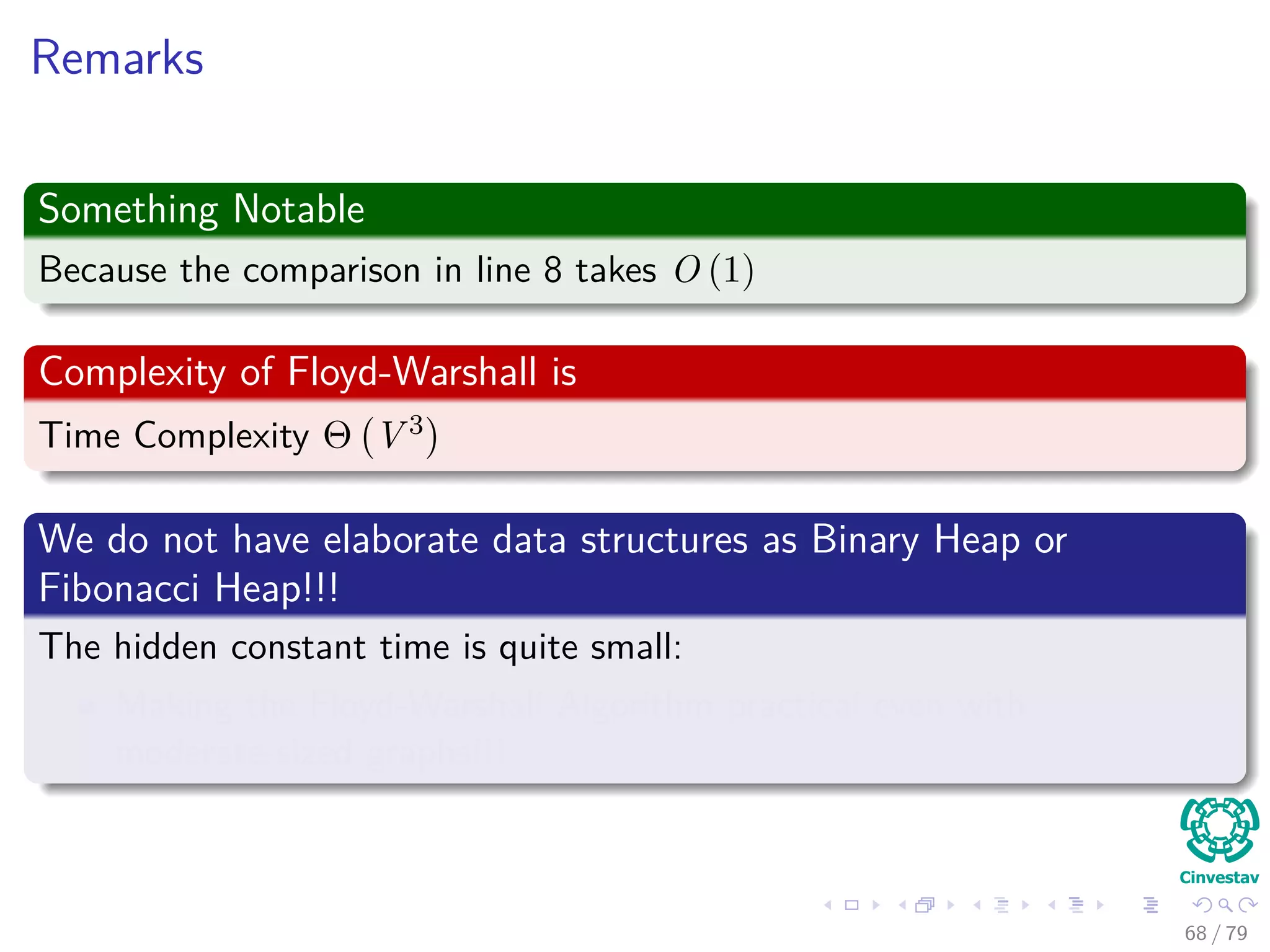 Remarks
Something Notable
Because the comparison in line 8 takes O (1)
Complexity of Floyd-Warshall is
Time Complexity Θ V 3
We do not have elaborate data structures as Binary Heap or
Fibonacci Heap!!!
The hidden constant time is quite small:
Making the Floyd-Warshall Algorithm practical even with
moderate-sized graphs!!!
68 / 79
 
