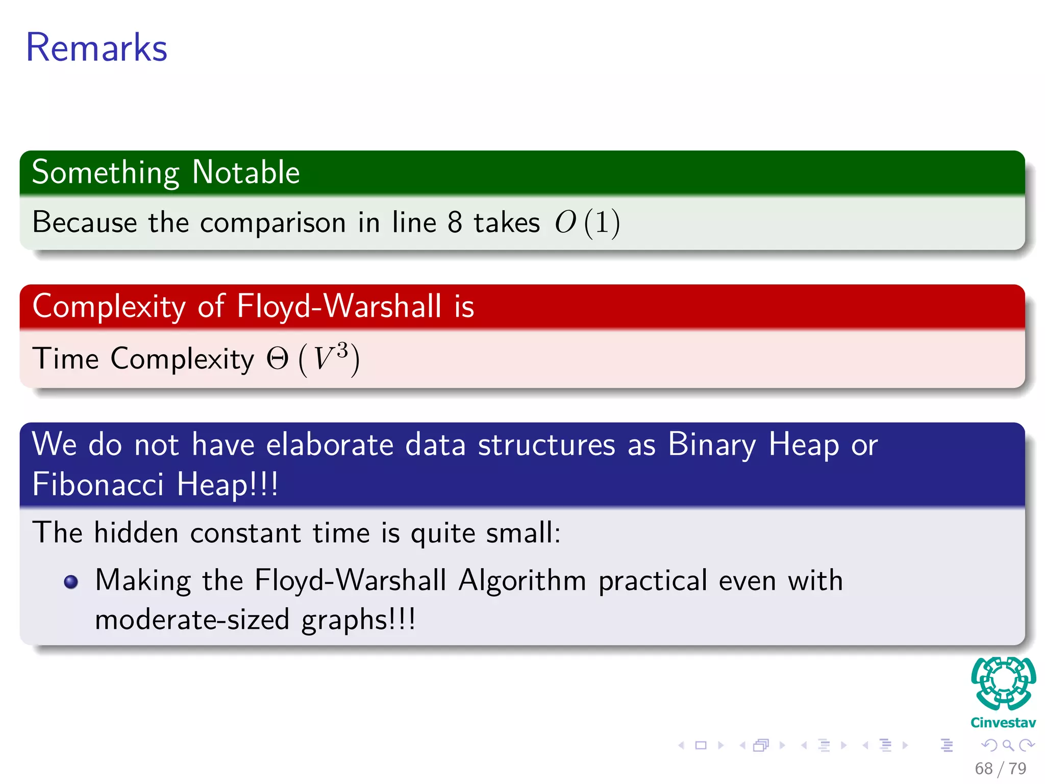 Remarks
Something Notable
Because the comparison in line 8 takes O (1)
Complexity of Floyd-Warshall is
Time Complexity Θ V 3
We do not have elaborate data structures as Binary Heap or
Fibonacci Heap!!!
The hidden constant time is quite small:
Making the Floyd-Warshall Algorithm practical even with
moderate-sized graphs!!!
68 / 79
 
