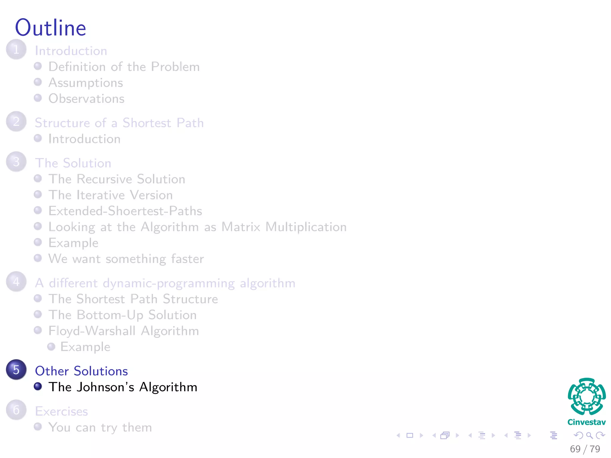 Outline
1 Introduction
Deﬁnition of the Problem
Assumptions
Observations
2 Structure of a Shortest Path
Introduction
3 The Solution
The Recursive Solution
The Iterative Version
Extended-Shoertest-Paths
Looking at the Algorithm as Matrix Multiplication
Example
We want something faster
4 A diﬀerent dynamic-programming algorithm
The Shortest Path Structure
The Bottom-Up Solution
Floyd-Warshall Algorithm
Example
5 Other Solutions
The Johnson’s Algorithm
6 Exercises
You can try them
69 / 79
 