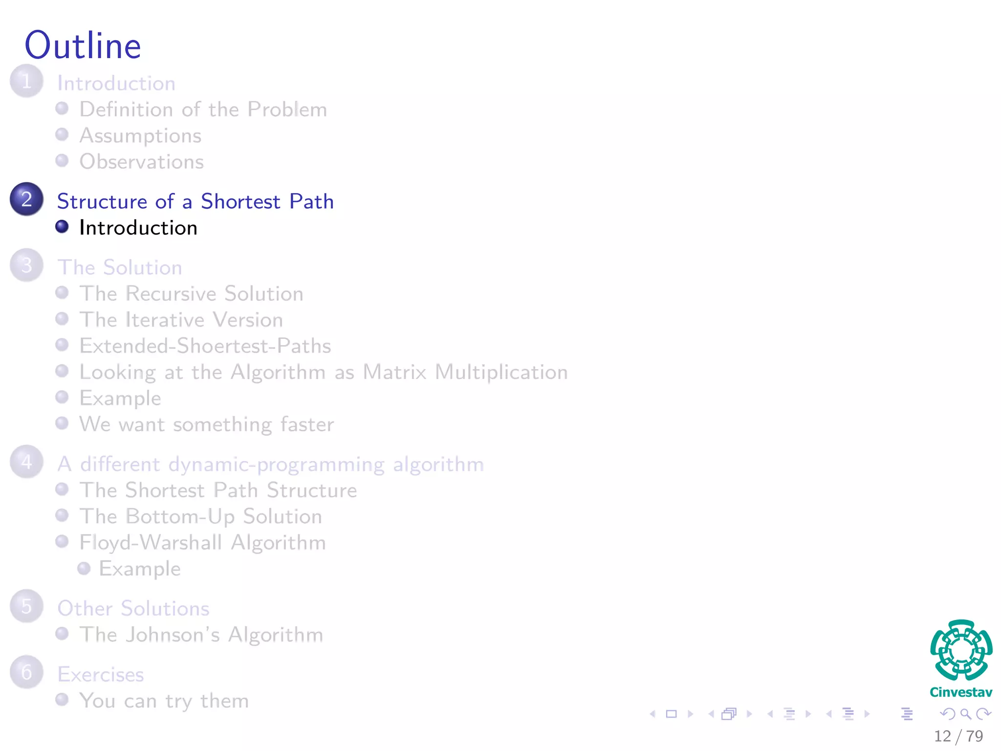 Outline
1 Introduction
Deﬁnition of the Problem
Assumptions
Observations
2 Structure of a Shortest Path
Introduction
3 The Solution
The Recursive Solution
The Iterative Version
Extended-Shoertest-Paths
Looking at the Algorithm as Matrix Multiplication
Example
We want something faster
4 A diﬀerent dynamic-programming algorithm
The Shortest Path Structure
The Bottom-Up Solution
Floyd-Warshall Algorithm
Example
5 Other Solutions
The Johnson’s Algorithm
6 Exercises
You can try them
12 / 79
 