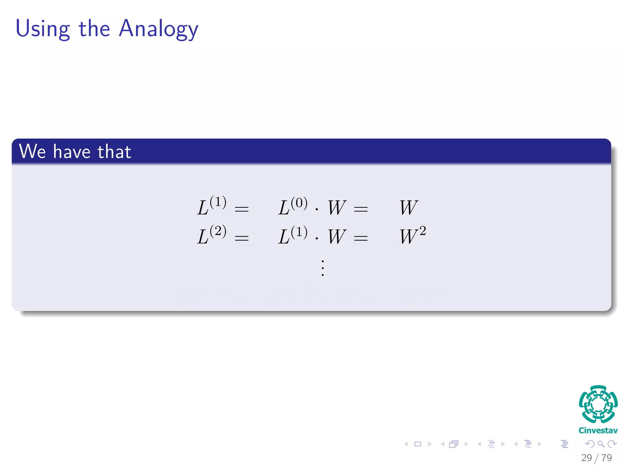 Using the Analogy
We have that
L(1)
= L(0)
· W = W
L(2)
= L(1)
· W = W 2
...
L(n−1)
= L(n−2)
· W = W n−1
29 / 79
 