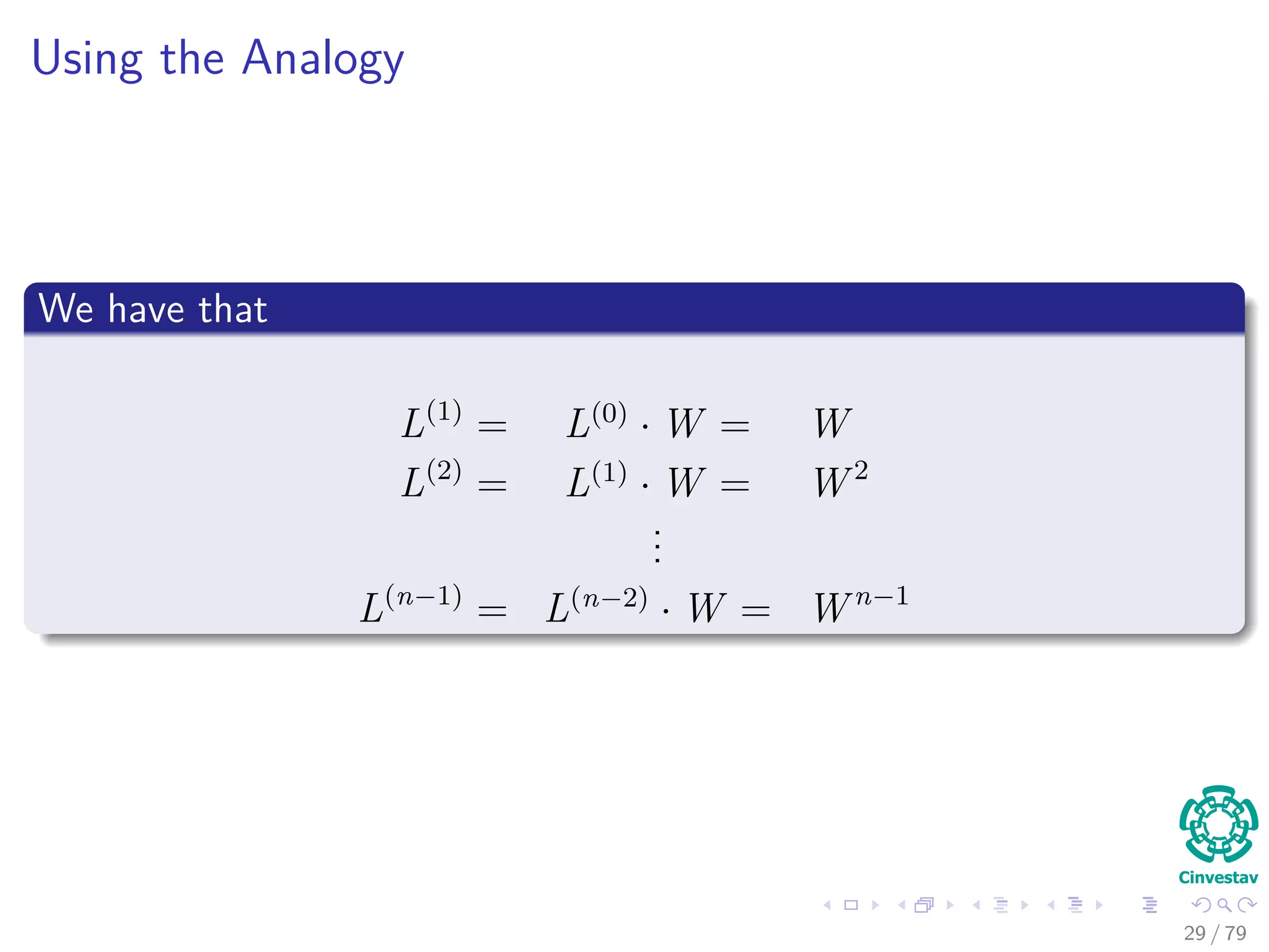 Using the Analogy
We have that
L(1)
= L(0)
· W = W
L(2)
= L(1)
· W = W 2
...
L(n−1)
= L(n−2)
· W = W n−1
29 / 79
 