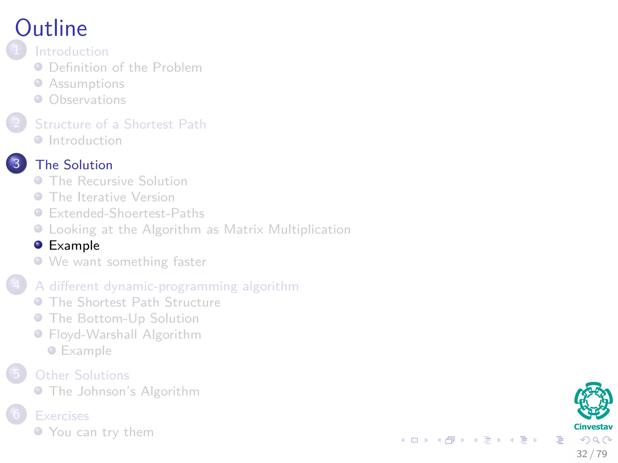 Outline
1 Introduction
Deﬁnition of the Problem
Assumptions
Observations
2 Structure of a Shortest Path
Introduction
3 The Solution
The Recursive Solution
The Iterative Version
Extended-Shoertest-Paths
Looking at the Algorithm as Matrix Multiplication
Example
We want something faster
4 A diﬀerent dynamic-programming algorithm
The Shortest Path Structure
The Bottom-Up Solution
Floyd-Warshall Algorithm
Example
5 Other Solutions
The Johnson’s Algorithm
6 Exercises
You can try them
32 / 79
 